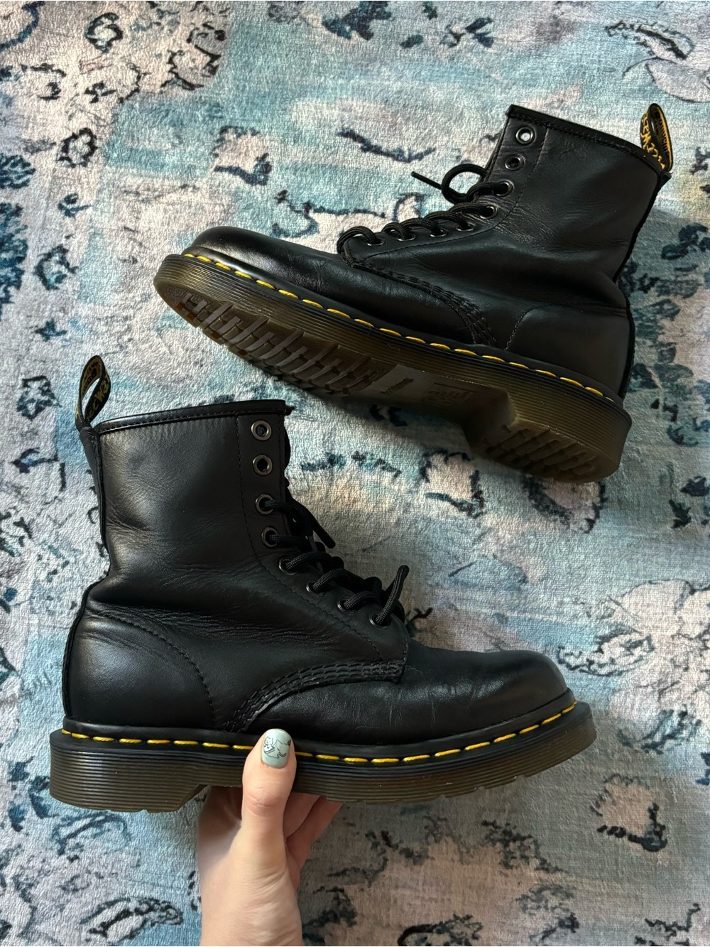 Dr. Martens Black Leather AirWair 8-Eye Boots with Yellow Stitching